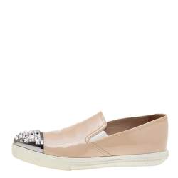 Miu Miu Beige Patent Leather Crystal Embellished Pointed Cap Toe Slip On Sneakers Size 35