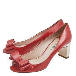 Pre Owned Miu Miu Red Patent Leather Bow And Crystal Embellished Heel Peep Toe Pumps 38