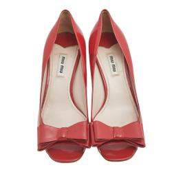 Pre Owned Miu Miu Red Patent Leather Bow And Crystal Embellished Heel Peep Toe Pumps 38