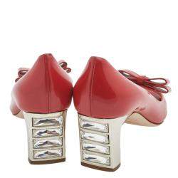 Pre Owned Miu Miu Red Patent Leather Bow And Crystal Embellished Heel Peep Toe Pumps 38
