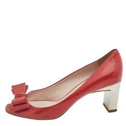 Pre Owned Miu Miu Red Patent Leather Bow And Crystal Embellished Heel Peep Toe Pumps 38
