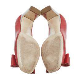 Pre Owned Miu Miu Red Patent Leather Bow And Crystal Embellished Heel Peep Toe Pumps 38