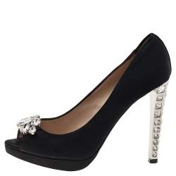 Miu Miu Black Satin Jewel Embellished Peep Toe Platform Pumps Size 39.5