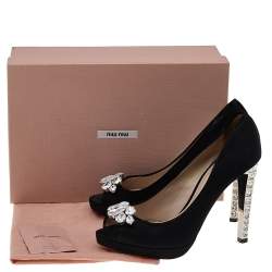 Miu Miu Black Satin Jewel Embellished Peep Toe Platform Pumps Size 39.5