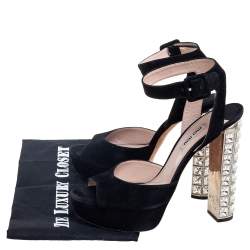 Miu Miu Black Suede Embellished Block Heel Peep Toe Platform Ankle Strap Sandals Size 39.5