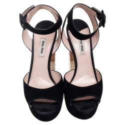 Miu Miu Black Suede Embellished Block Heel Peep Toe Platform Ankle Strap Sandals Size 39.5