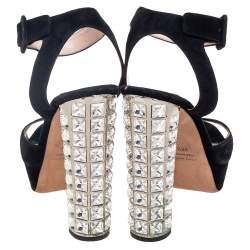 Miu Miu Black Suede Embellished Block Heel Peep Toe Platform Ankle Strap Sandals Size 39.5