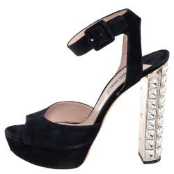 Miu Miu Black Suede Embellished Block Heel Peep Toe Platform Ankle Strap Sandals Size 39.5