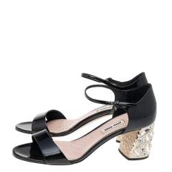 Pre Owned Miu Miu Black Patent Leather Crystal Embellished Block Heel Ankle Strap Sandals Size 37.5