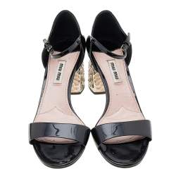 Pre Owned Miu Miu Black Patent Leather Crystal Embellished Block Heel Ankle Strap Sandals Size 37.5