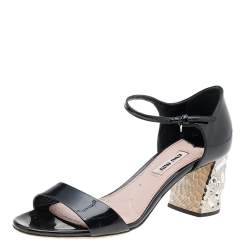 Pre Owned Miu Miu Black Patent Leather Crystal Embellished Block Heel Ankle Strap Sandals Size 37.5