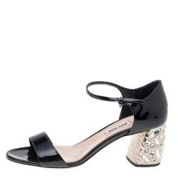 Pre Owned Miu Miu Black Patent Leather Crystal Embellished Block Heel Ankle Strap Sandals Size 37.5