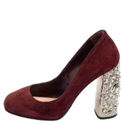 Miu Miu Burgundy Suede Crystal Embellished Block Heel Pumps Size 35