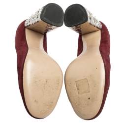 Miu Miu Burgundy Suede Crystal Embellished Block Heel Pumps Size 35