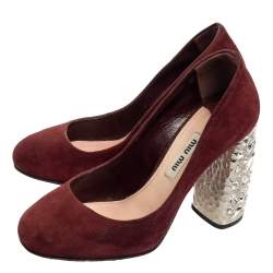 Miu Miu Burgundy Suede Crystal Embellished Block Heel Pumps Size 35