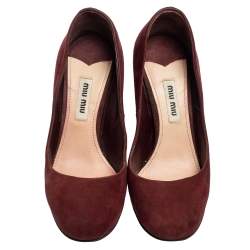Miu Miu Burgundy Suede Crystal Embellished Block Heel Pumps Size 35