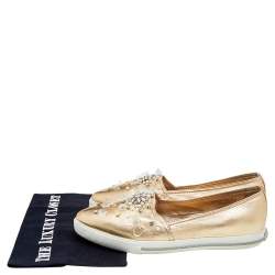 Miu Miu Metallic Gold Leather Embellished Pointed Toe Slip On Sneakers Size 38