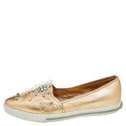Miu Miu Metallic Gold Leather Embellished Pointed Toe Slip On Sneakers Size 38