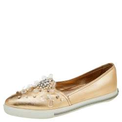 Miu Miu Metallic Gold Leather Embellished Pointed Toe Slip On Sneakers Size 38