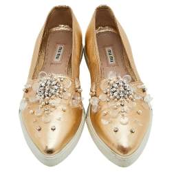 Miu Miu Metallic Gold Leather Embellished Pointed Toe Slip On Sneakers Size 38