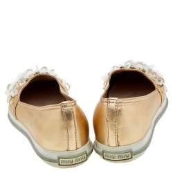 Miu Miu Metallic Gold Leather Embellished Pointed Toe Slip On Sneakers Size 38