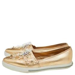 Miu Miu Metallic Gold Leather Embellished Pointed Toe Slip On Sneakers Size 38