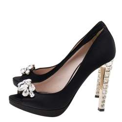 Miu Miu Black Satin Crystal Embellished Peep Toe Pumps Size 37.5
