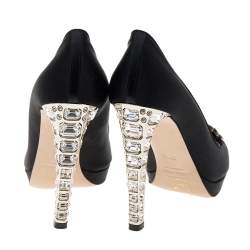 Miu Miu Black Satin Crystal Embellished Peep Toe Pumps Size 37.5
