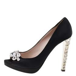 Miu Miu Black Satin Crystal Embellished Peep Toe Pumps Size 37.5