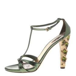 Miu Miu Metallic Green Leather T Strap Sandals Size 40.5