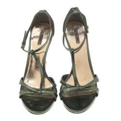 Miu Miu Metallic Green Leather T Strap Sandals Size 40.5