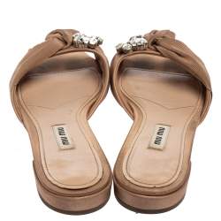 Pre Owned Miu Miu Dusty Pink Satin and Canvas Knot Crystal Embellished Flat Slides Size 37.5