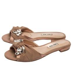 Pre Owned Miu Miu Dusty Pink Satin and Canvas Knot Crystal Embellished Flat Slides Size 37.5