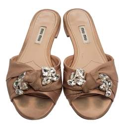 Pre Owned Miu Miu Dusty Pink Satin and Canvas Knot Crystal Embellished Flat Slides Size 37.5