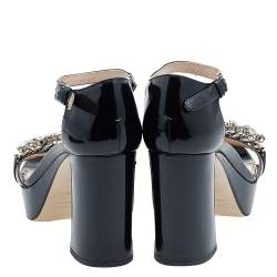 مملوكة مسبقًا Miu Miu Black Patent Leather Crystal Embellished Platform Ankle Strap Sandals Size 39