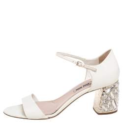 Miu Miu White Patent Leather Crystal Embellished Heel Sandals Size 38