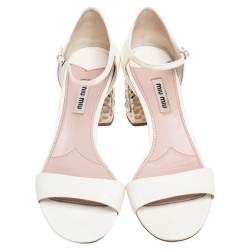 Miu Miu White Patent Leather Crystal Embellished Heel Sandals Size 38
