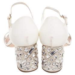 Miu Miu White Patent Leather Crystal Embellished Heel Sandals Size 38