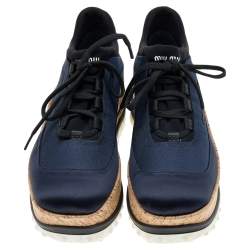 مملوكة مسبقًا Miu Miu Blue Satin And Fabric Astro Cork Platform Sneakers Size 36.5