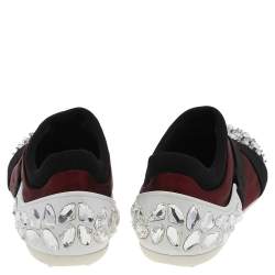 Miu Miu Black/Burgundy Satin Crystal Embellished Slip On Sneakers Size 35.5