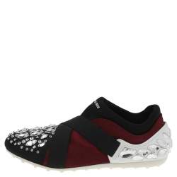 Miu Miu Black/Burgundy Satin Crystal Embellished Slip On Sneakers Size 35.5