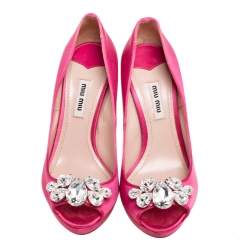 Miu Miu Pink Satin Crystal Embellished Heel Peep Toe Platform Pumps Size 36