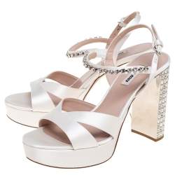 Pre Owned Miu Miu Ivory Satin Crystal Embellished Ankle-Strap Platform Sandals Size 38