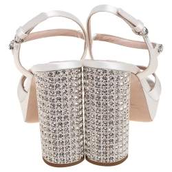 Pre Owned Miu Miu Ivory Satin Crystal Embellished Ankle-Strap Platform Sandals Size 38