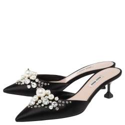 Miu Miu Black Satin Faux Pearl Embellished Pointed Toe Mules Size 38