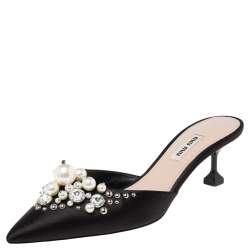 Miu Miu Black Satin Faux Pearl Embellished Pointed Toe Mules Size 38