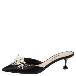 Miu Miu Black Satin Faux Pearl Embellished Pointed Toe Mules Size 38