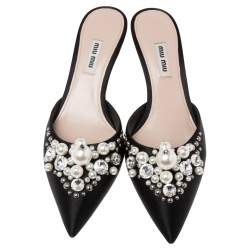 Miu Miu Black Satin Faux Pearl Embellished Pointed Toe Mules Size 38