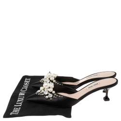 Miu Miu Black Satin Faux Pearl Embellished Pointed Toe Mules Size 38