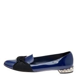 Pre Owned Miu Miu Blue Patent Leather Crystal Embellished Smoking Slippers Size 38